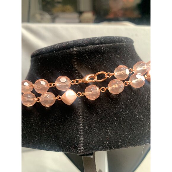 Double Strand Pink Beaded Necklace 40" Faceted Glass Beads - Picture 5 of 7